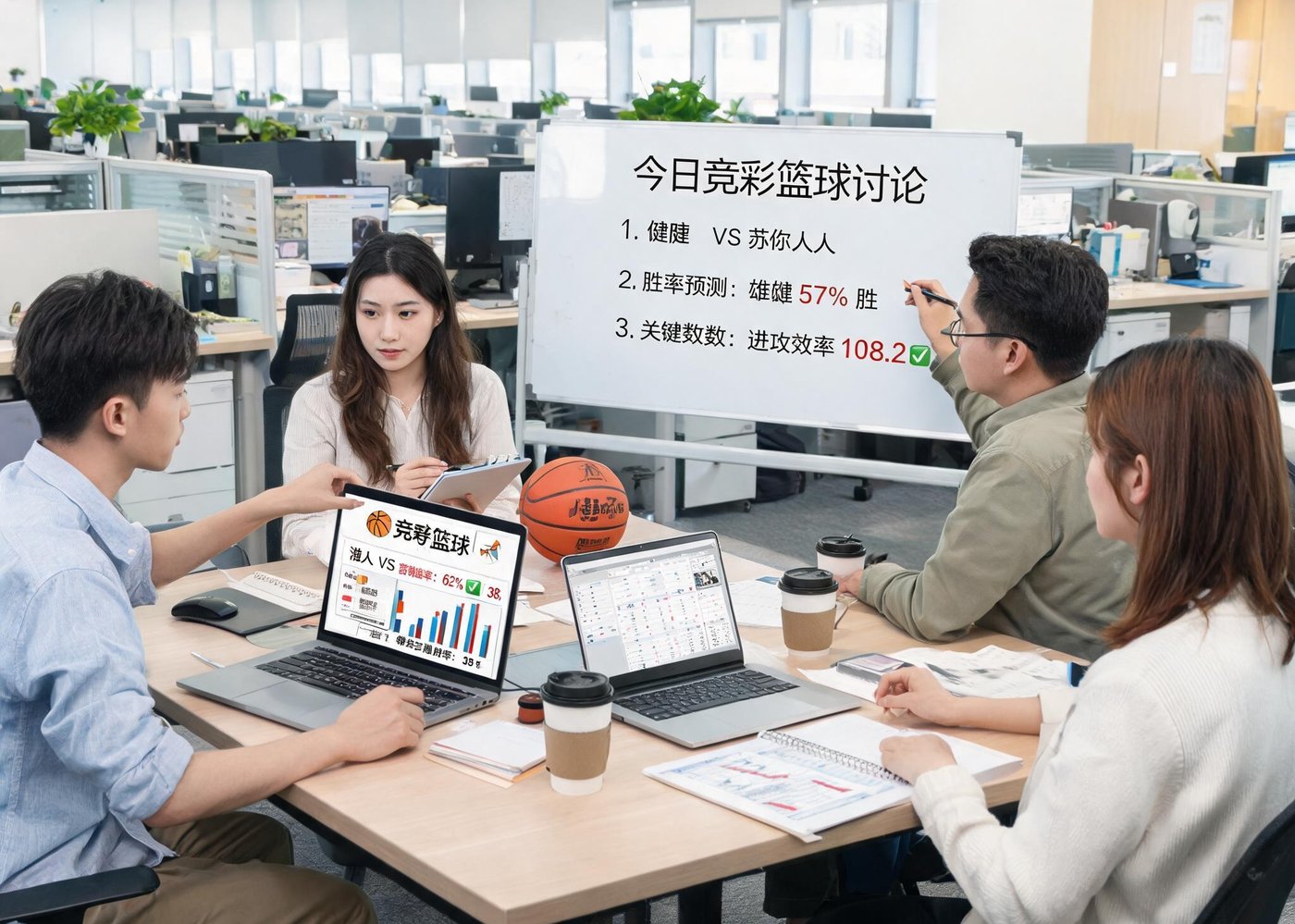 今日竞彩篮球团队在开放式办公室中讨论数据分析与赛事预测