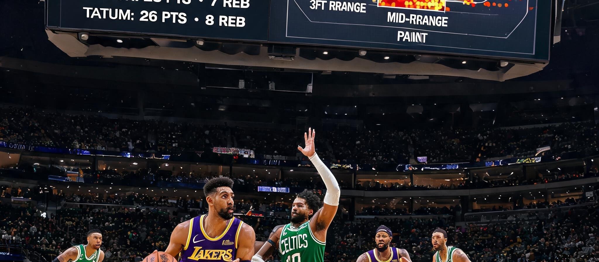 NBA两支顶级球队在赛场激烈对抗，背景显示实时数据面板与投篮热区图