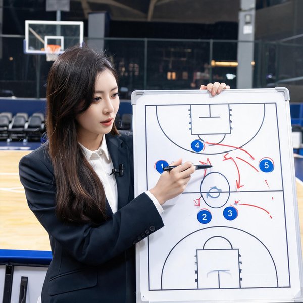 篮球分析师李思琪，女性，在球场边分析战术板