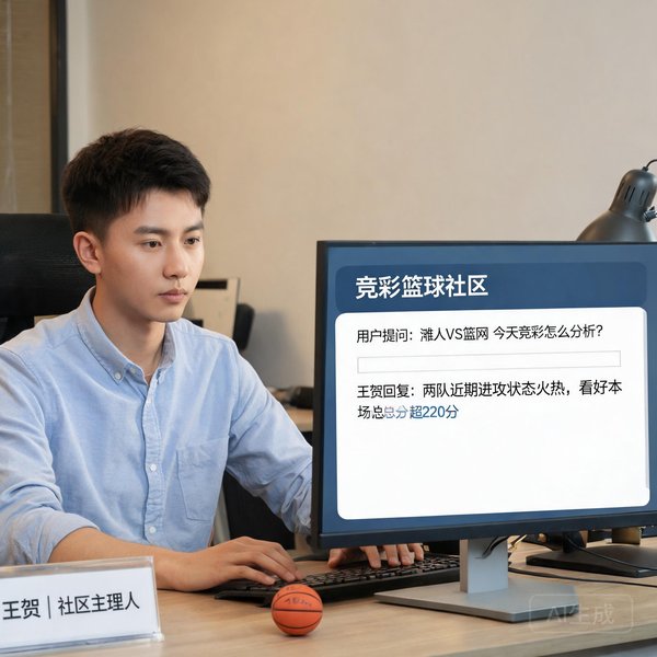 社区主理人王贺，男性，在电脑前回复用户竞彩篮球问题